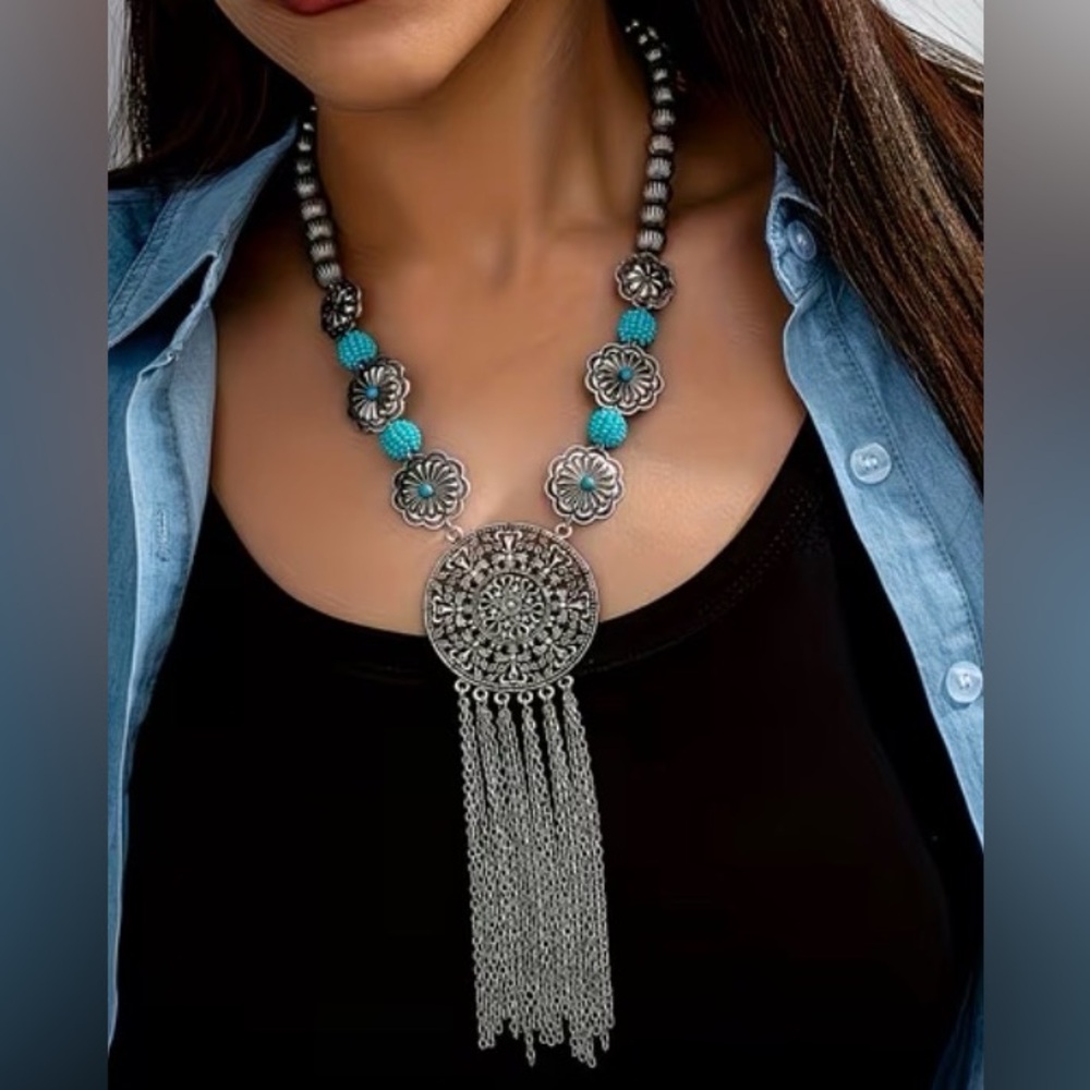 Statement Turquoise Silver Floral Pendant Necklace